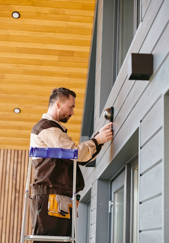Young man fixing alarm system on wall above the door of living-room while standing on stepladder