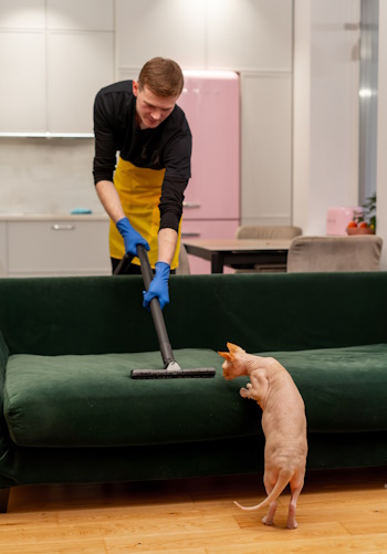 in an apartment a cleaner in yellow apron professionally vacuums a green velor sofa professional equipment inquisitive cat